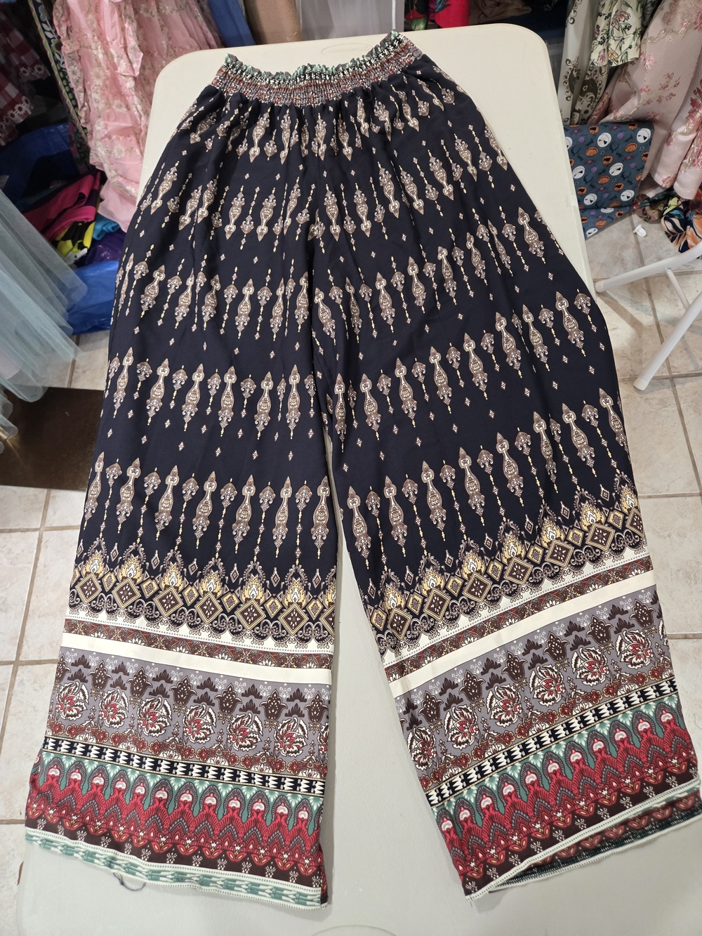 Boho Wide-Leg Printed Palazzo Pants - Navy & Multicolor